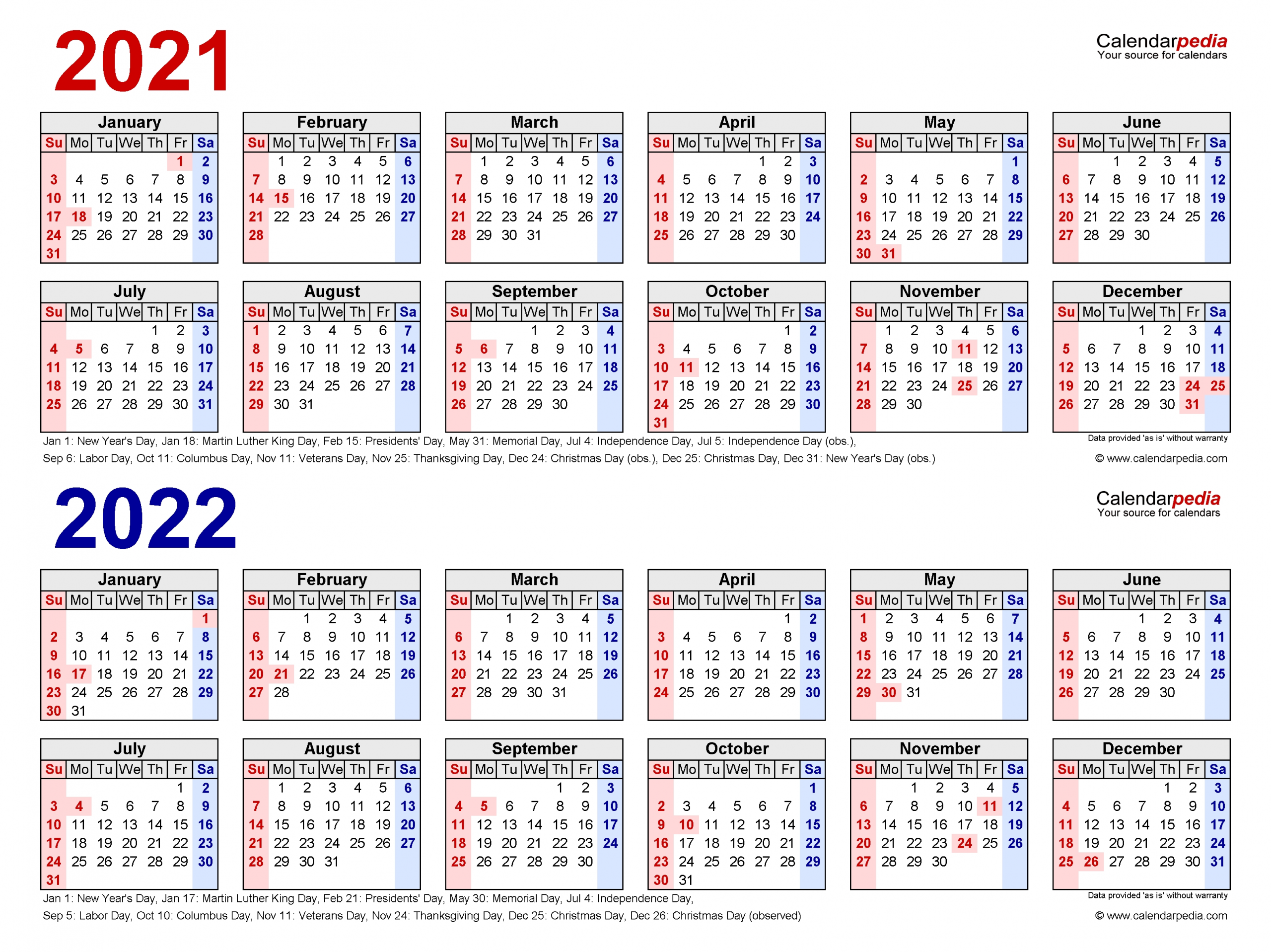 2021-2022 Two Year Calendar - Free Printable Word Templates