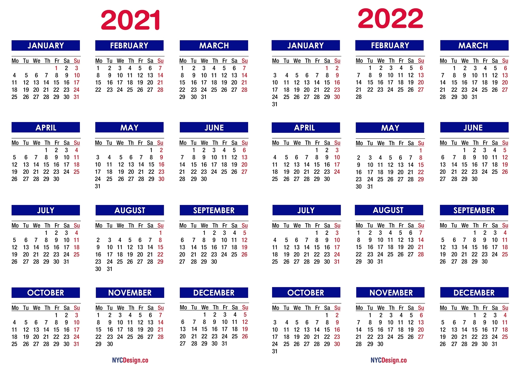 2021 – 2022 Two Year Calendar Printable Free, Blue