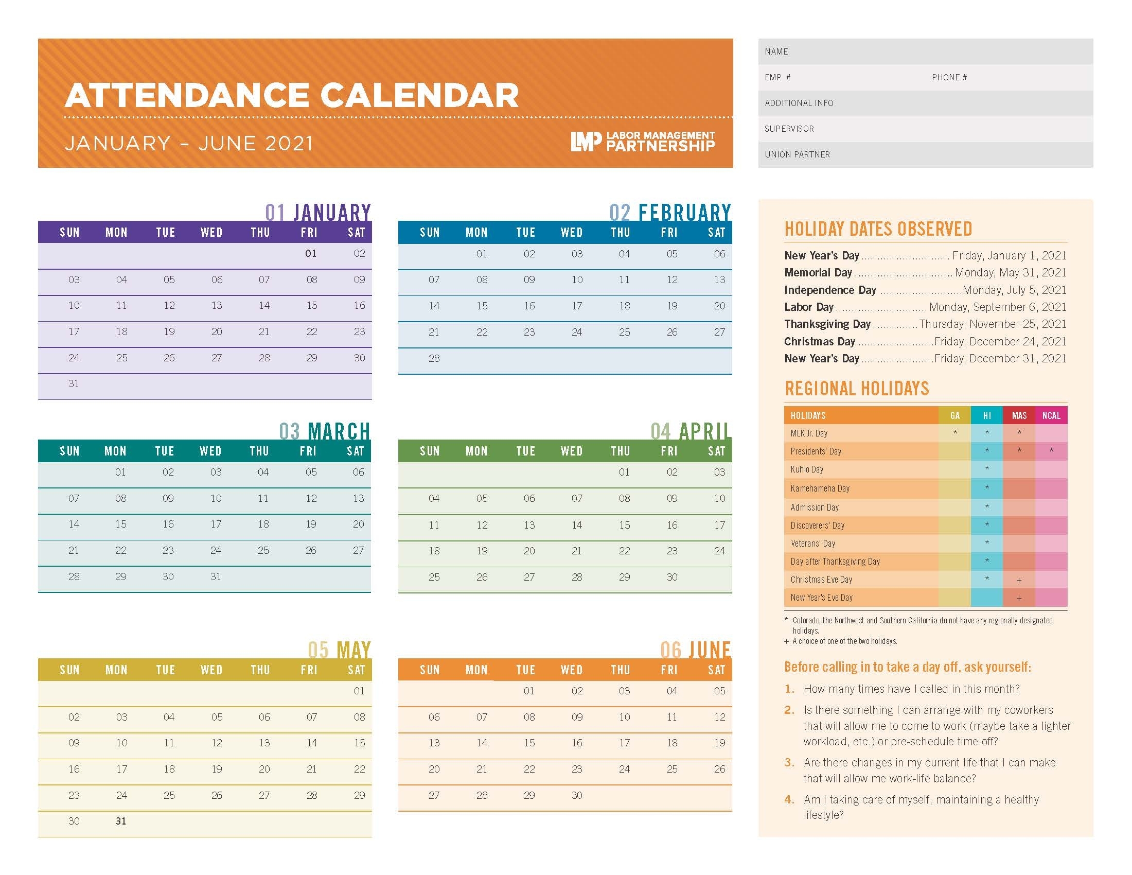 2021 Attendance Calendar | Labor Management Partnership