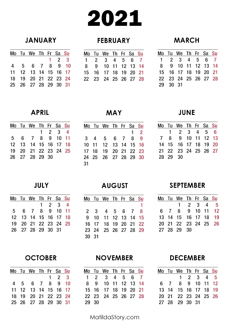 2021 Calendar Printable Free, White – Monday Start