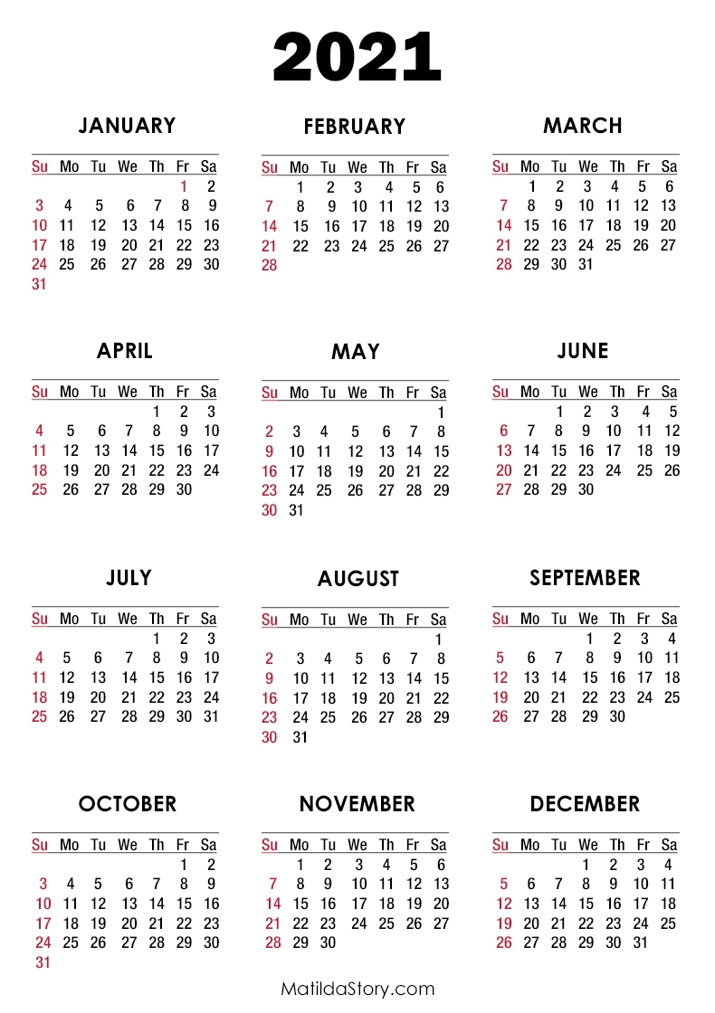 2021 Calendar Printable Free, White – Sunday Start