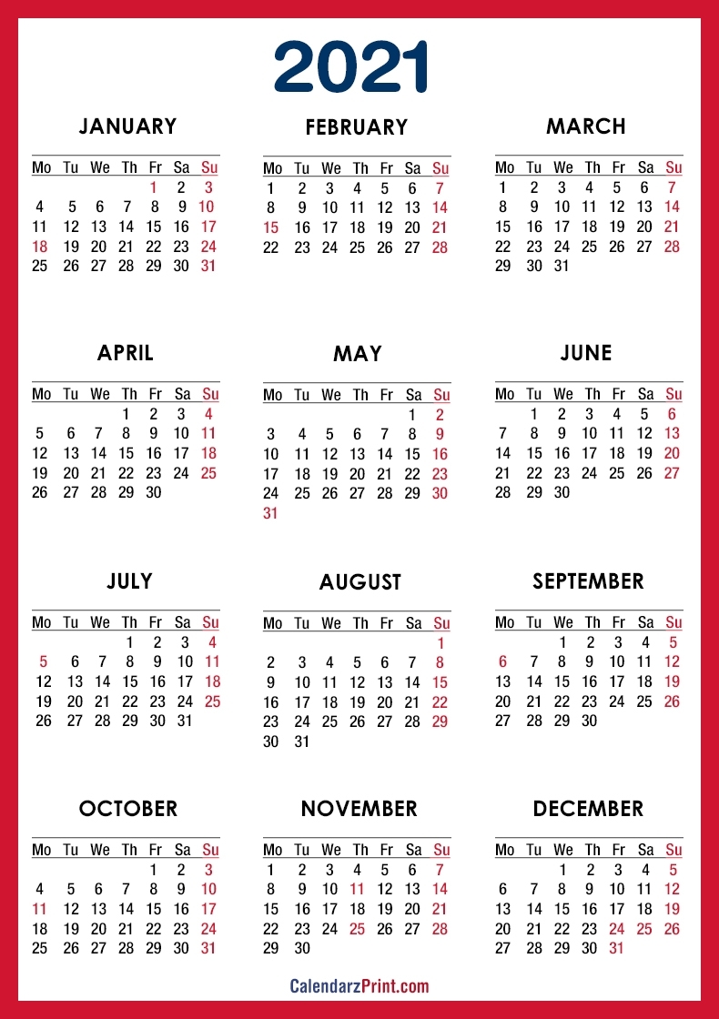 2021 Calendar Printable Free With Usa Holidays, Red – Monday intended for Printable Monday Calendar Monday Start