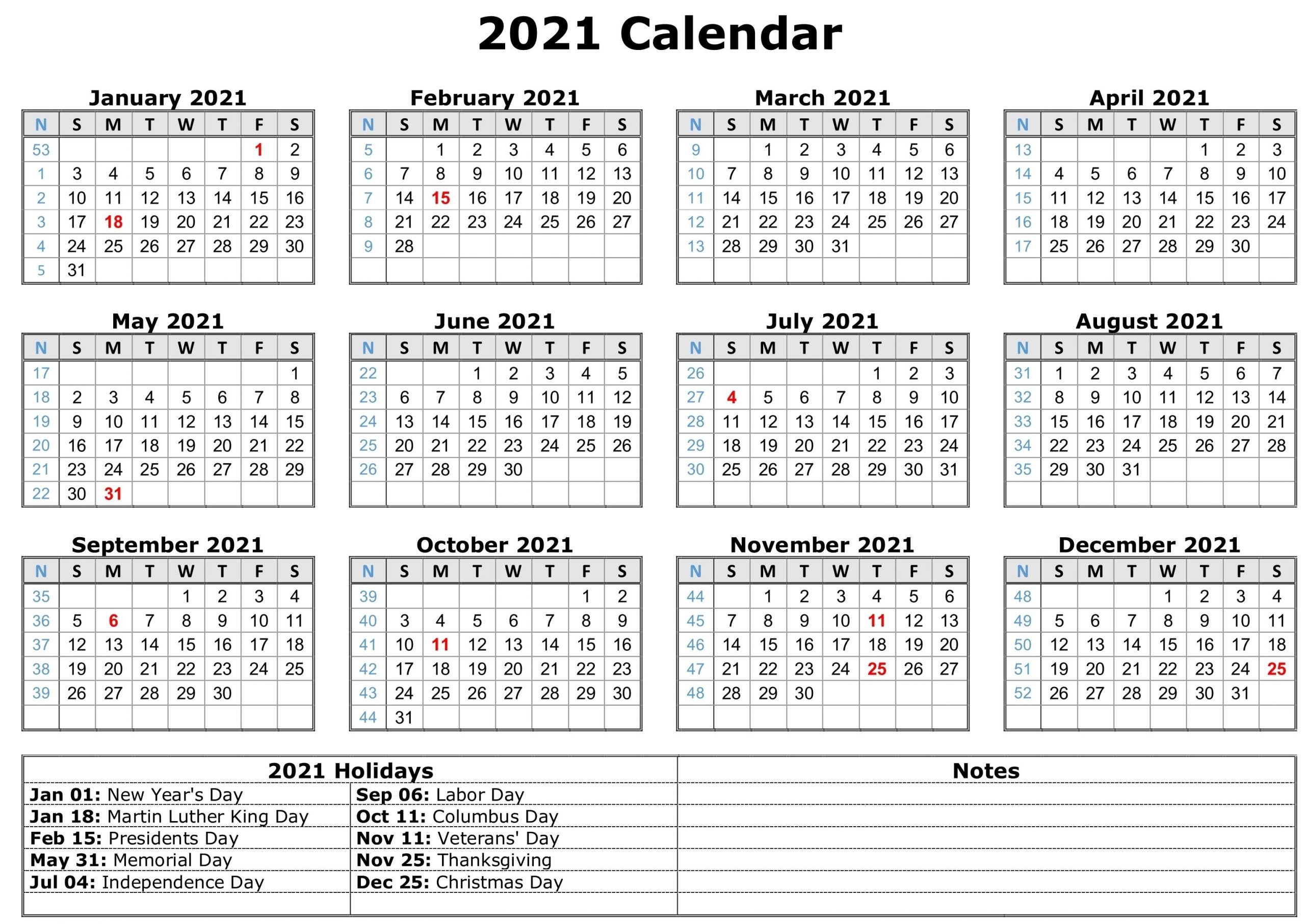 2021 Calendar With Holidays | Free Calendar Template