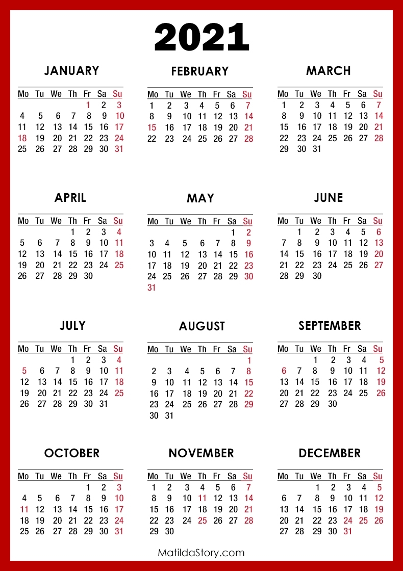 2021 Calendar With Holidays, Printable Free, Red – Monday