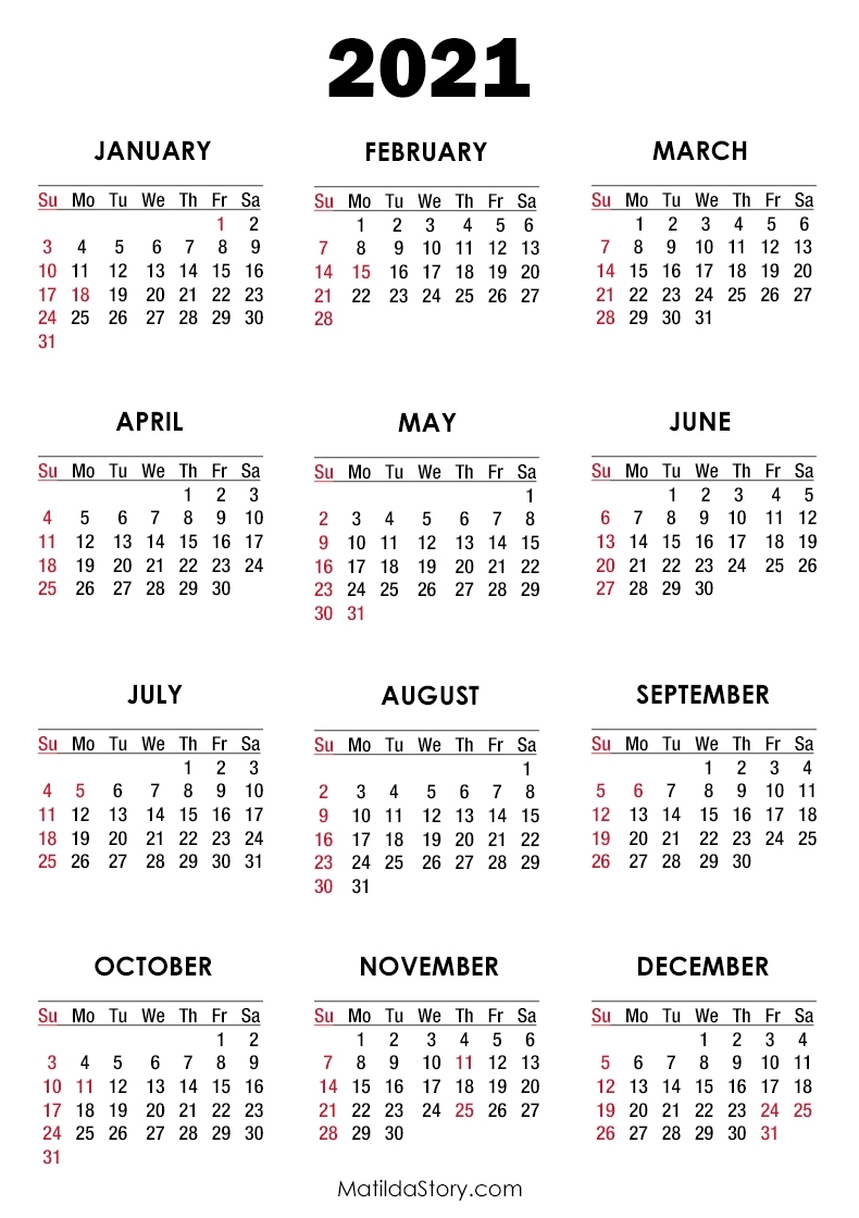 2021 Calendar With Holidays, Printable Free, White – Sunday