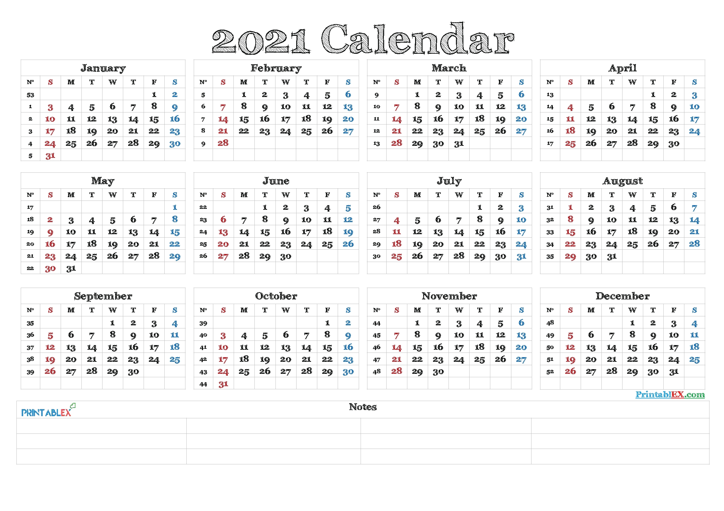 2021 Calendar With Week Numbers Printable