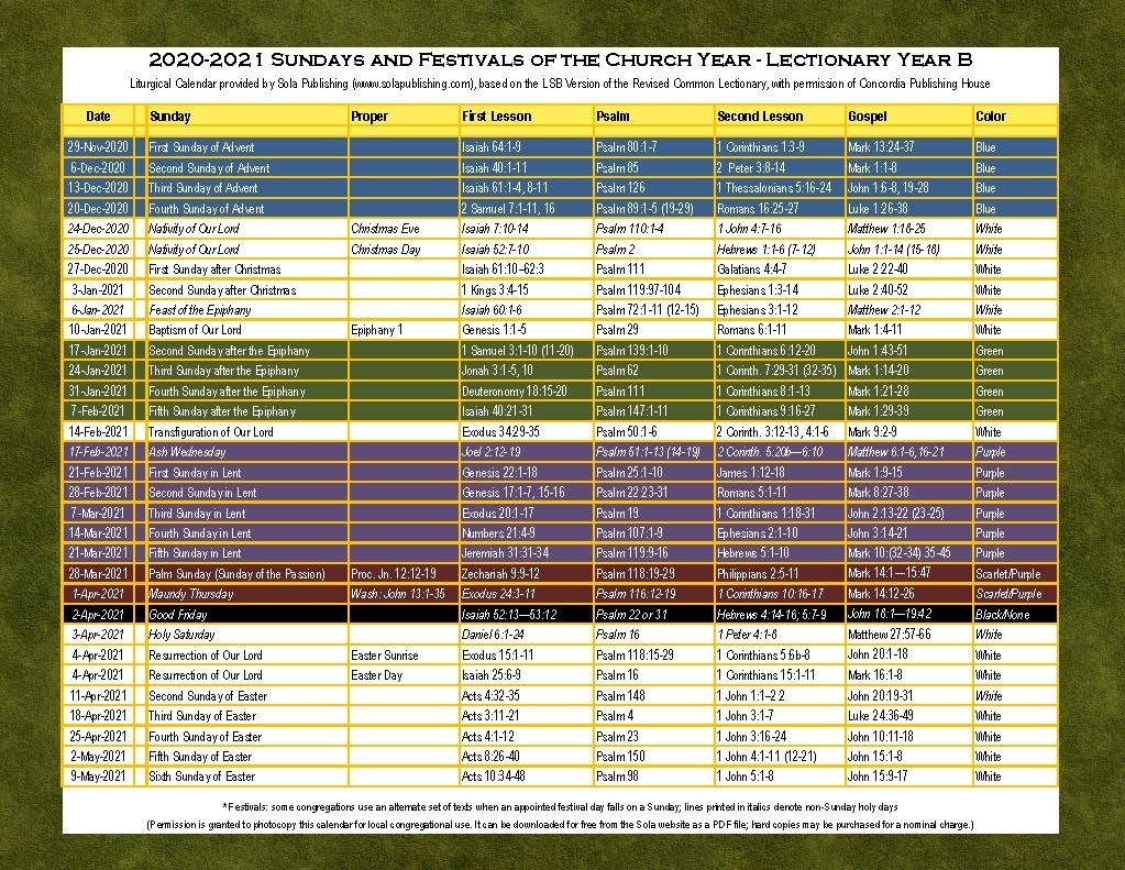 Printable Catholic Liturgical Calendar 2021