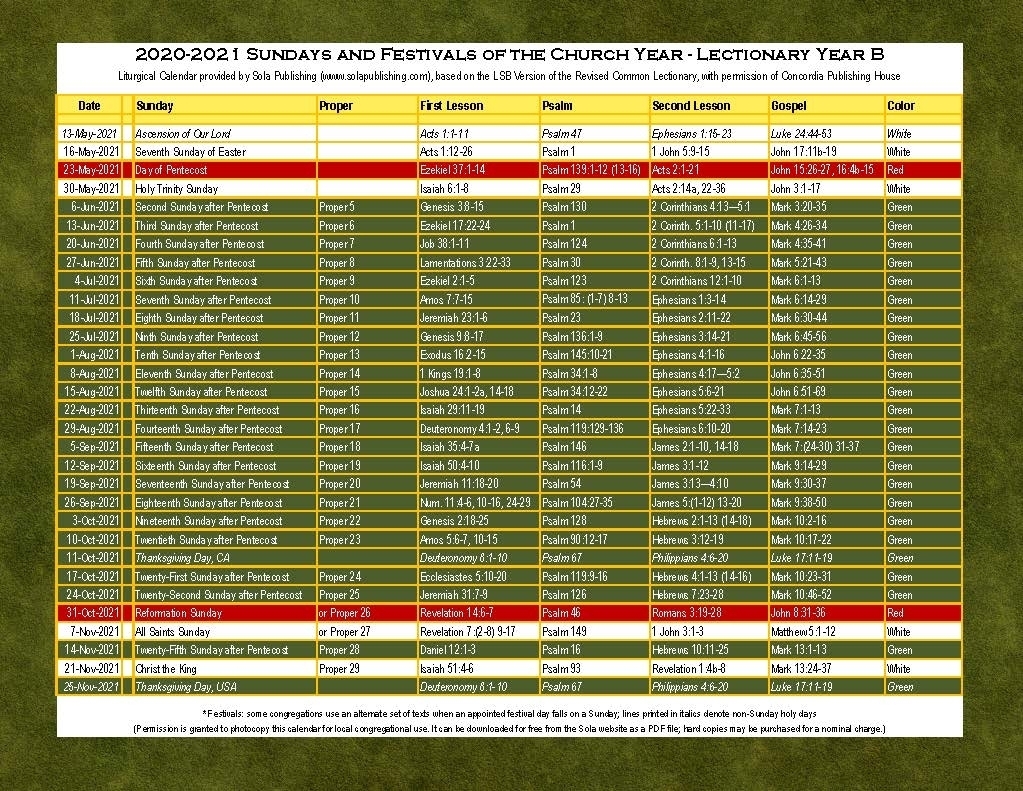 Printable Catholic Liturgical Calendar 2021