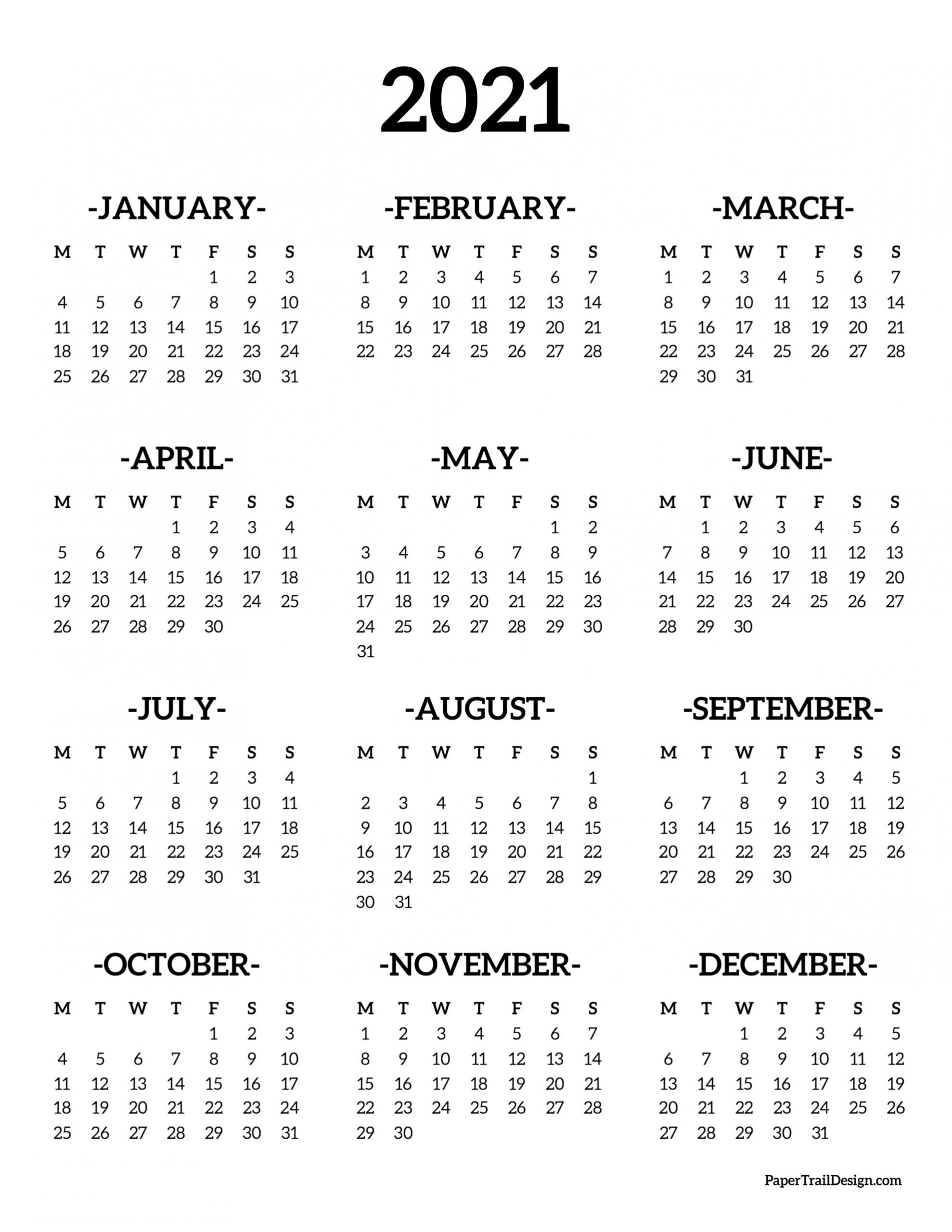 Yearly Calendar 2021 Monday To Sunday