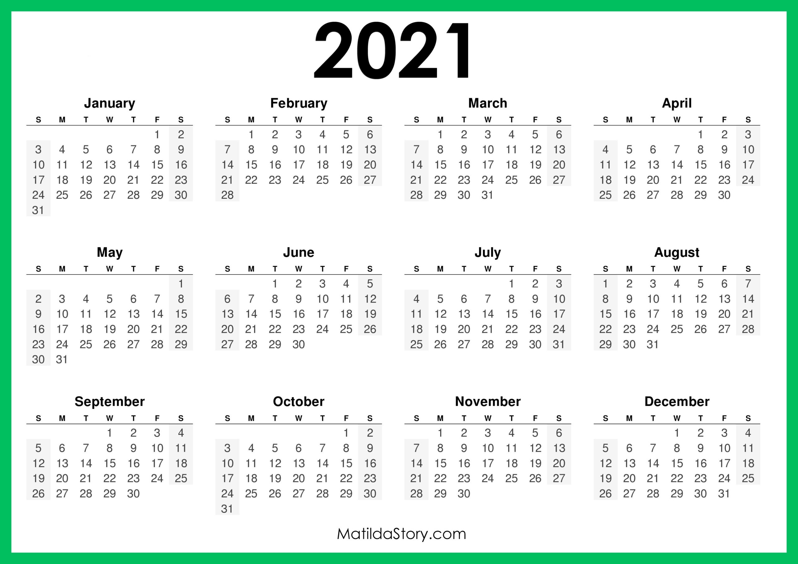 2021 Printable Free Calendar, Horizontal, Green – Sunday