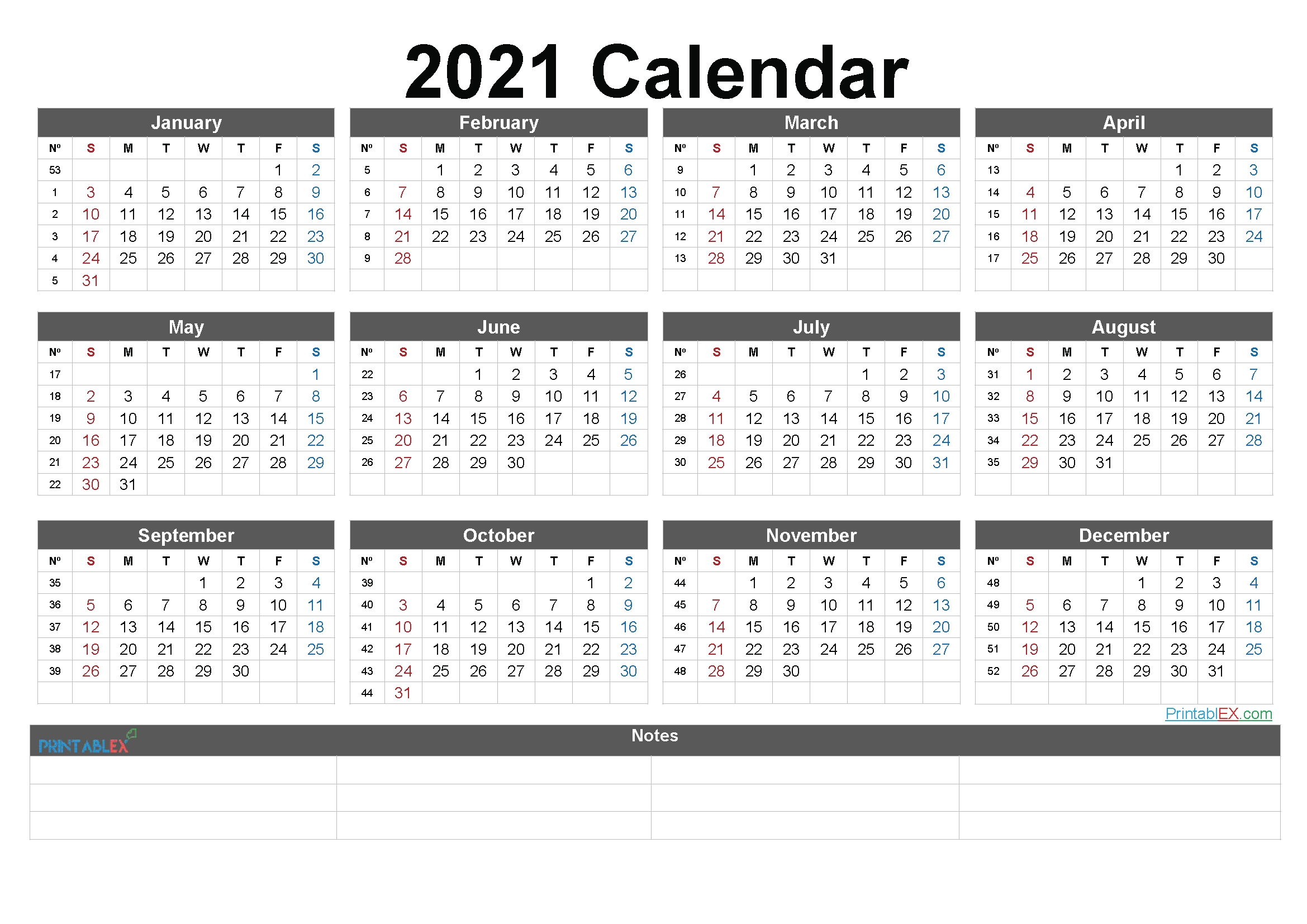 2021 Printable Yearly Calendar With Week Numbers