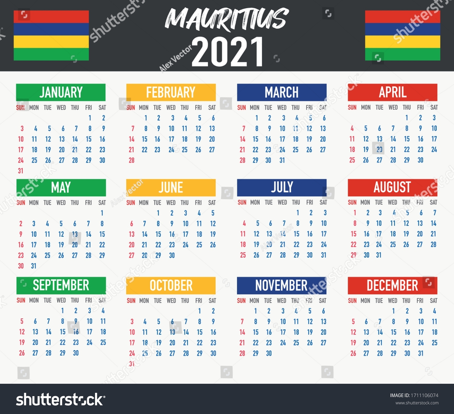 2021 Year Calendar National Flag Country Stock Vector