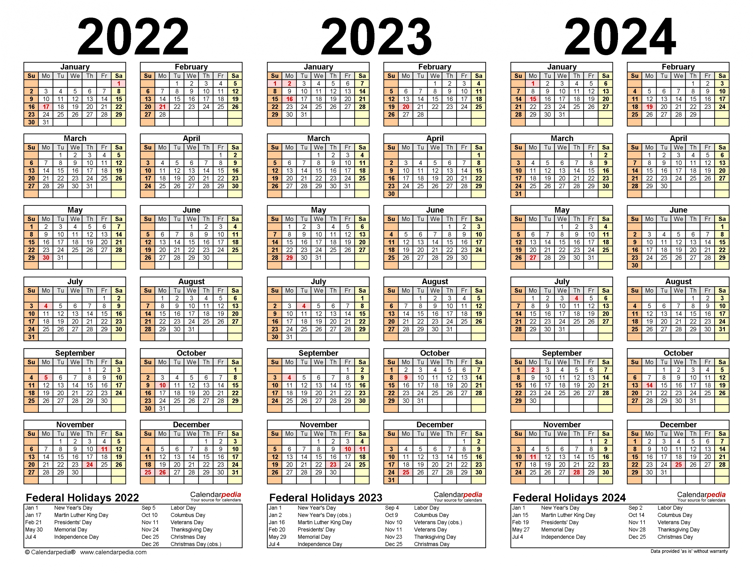 2022-2024 Three Year Calendar - Free Printable Pdf Templates