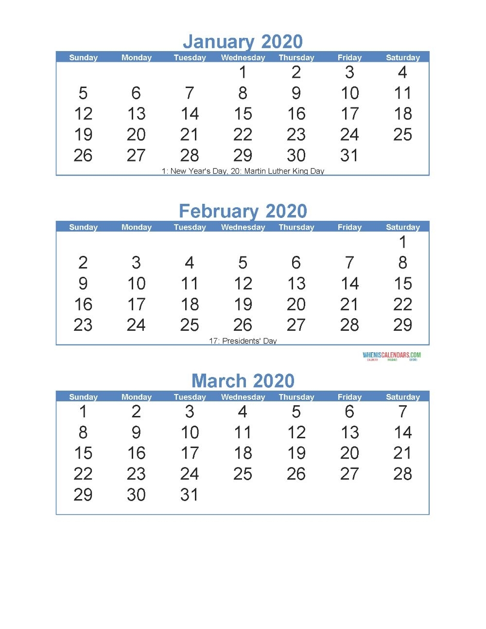 3 Month Calendar 2020 Printable Di 2020