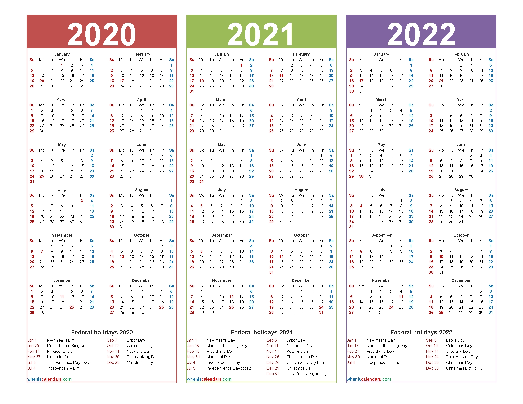 3 Year Calendar 2020 To 2022 Calendar With Holidays pertaining to Calendar For 2020 2021 2022