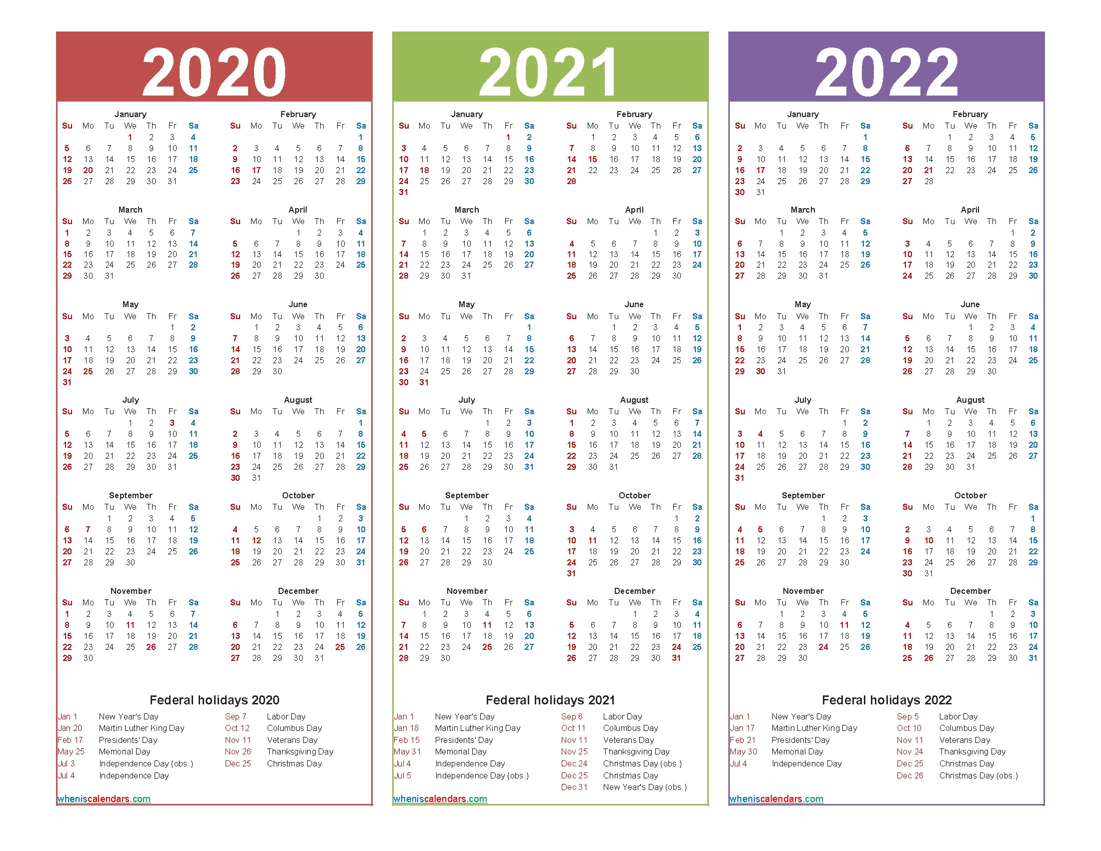3 Year Calendar 2020 To 2022 Calendar With Holidays Printable