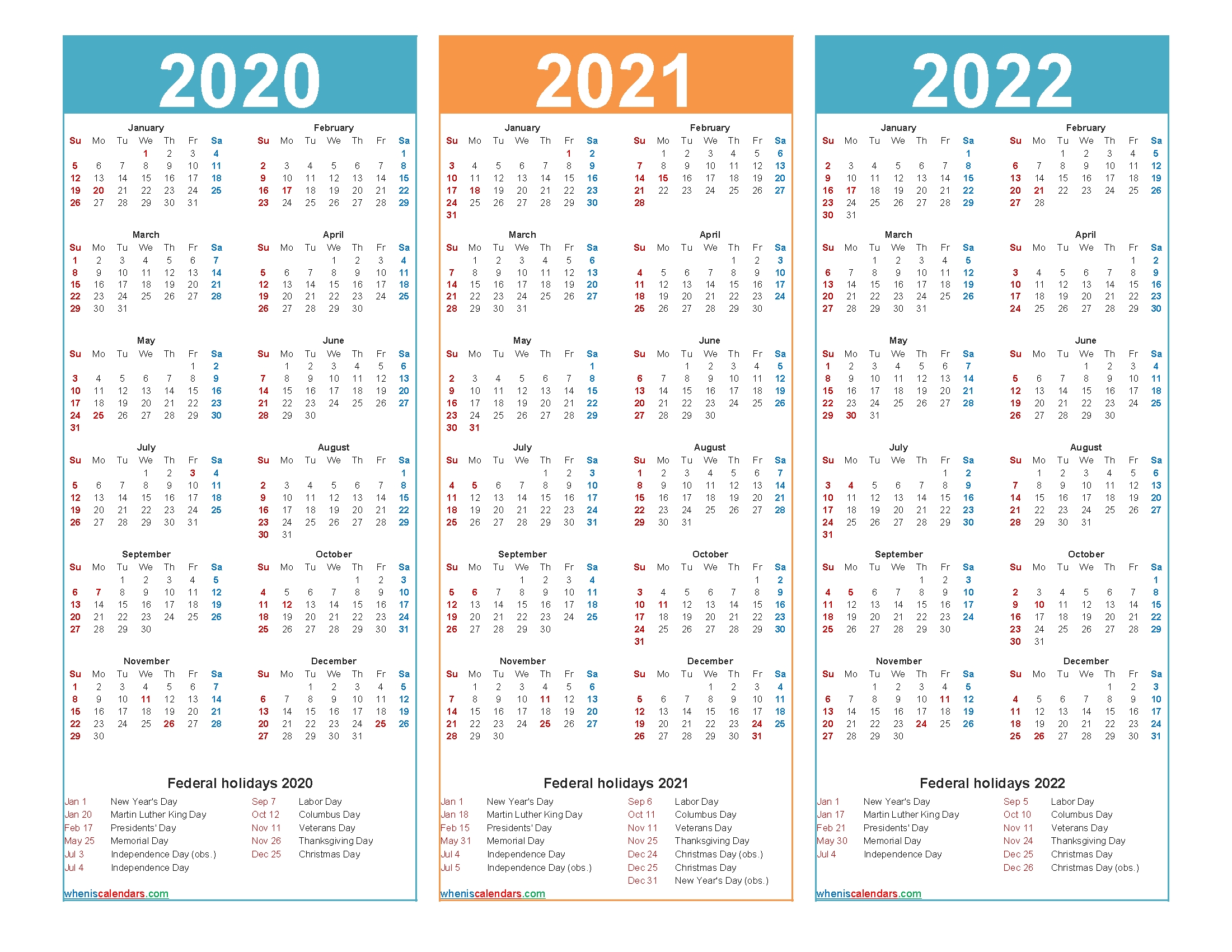 3 Year Calendar 2020 To 2022 Printable – Free 2020 And 2021 intended for 2020 2021 2022 Calendar Printable