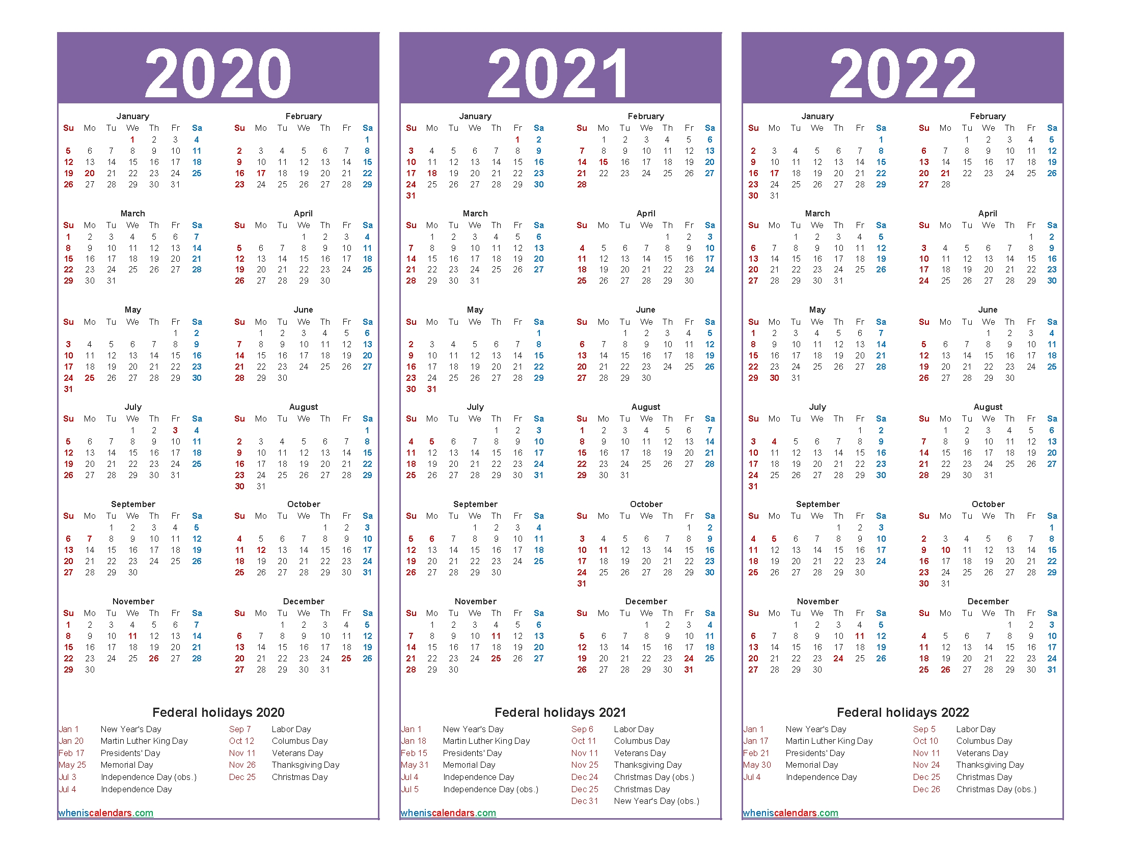 3 Year Planner 2020 To 2022 Calendar With Holidays Word