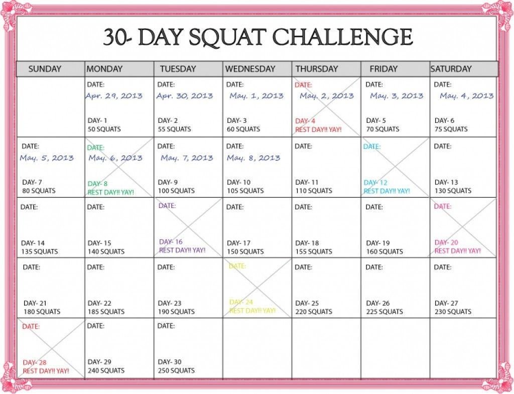 30 Day Squat Challenge Calendar Printable Online Squat