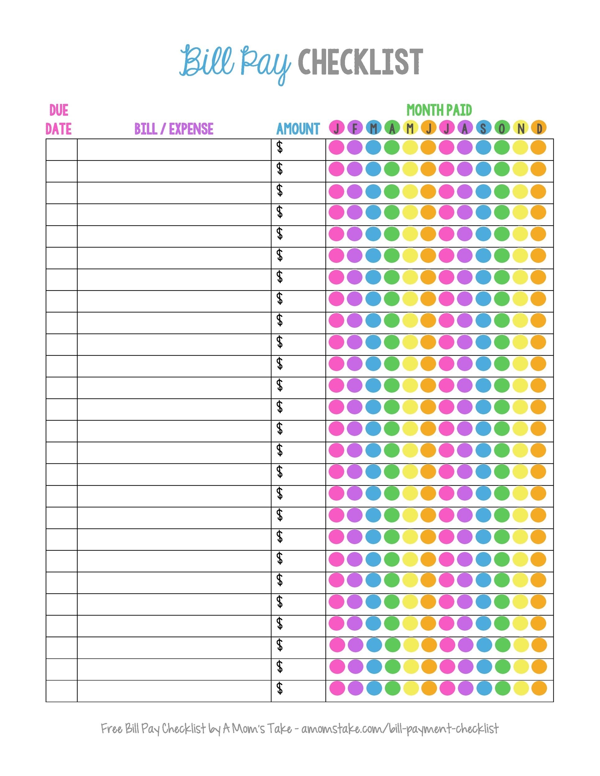 Printable Bills To Pay List