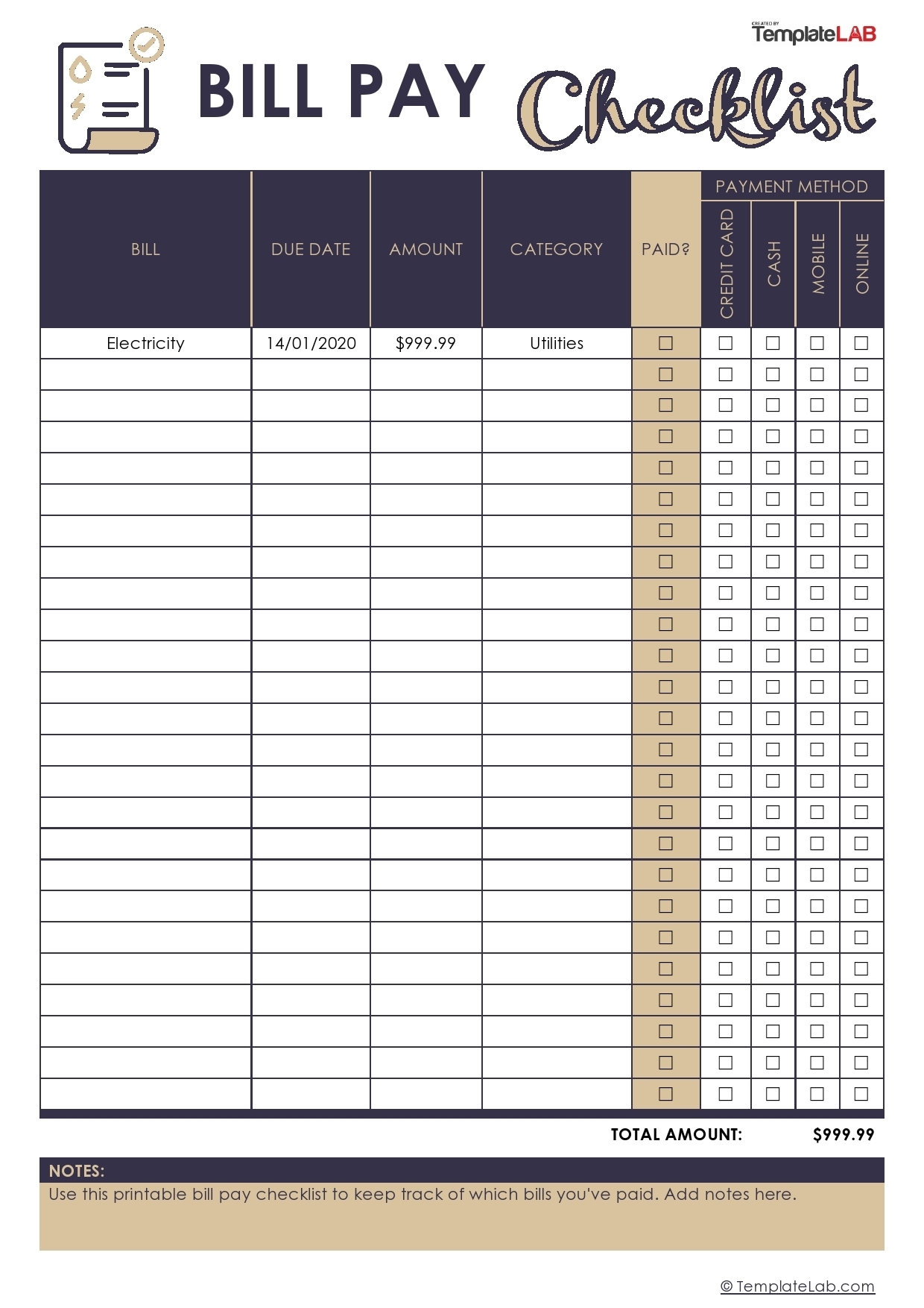 33 Free Bill Pay Checklists &amp; Bill Calendars (Pdf, Word &amp; Excel)