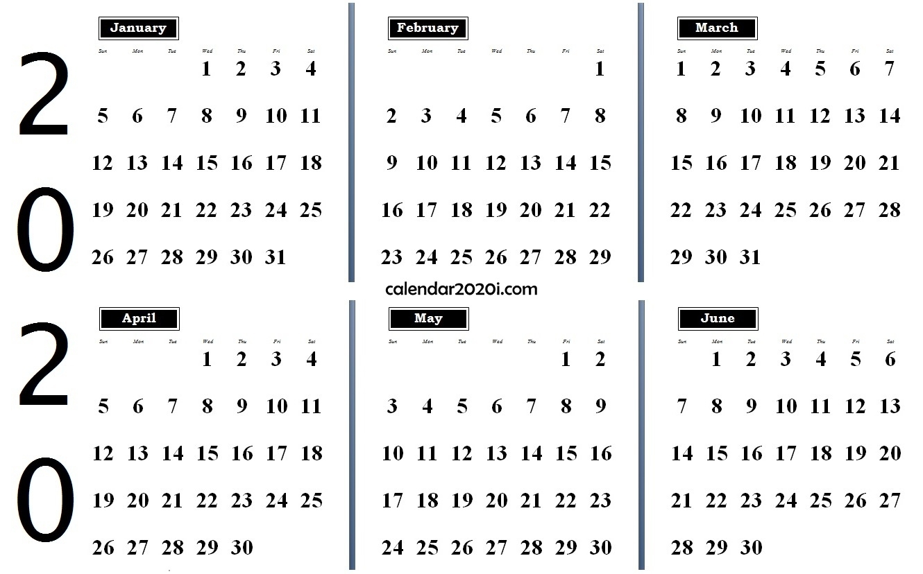 6 Months 2020 Half Year Printable Calendar | Calendar 2020 within Free Half Page 2020 Monthly Calanders