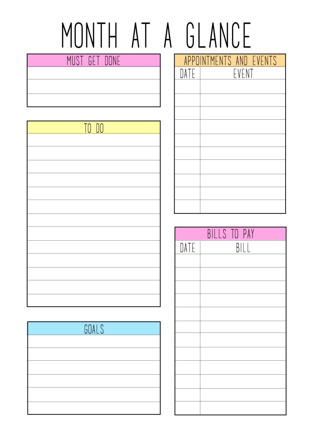 A5 Month At A Glance Color Theme | Planner Pages, Blank