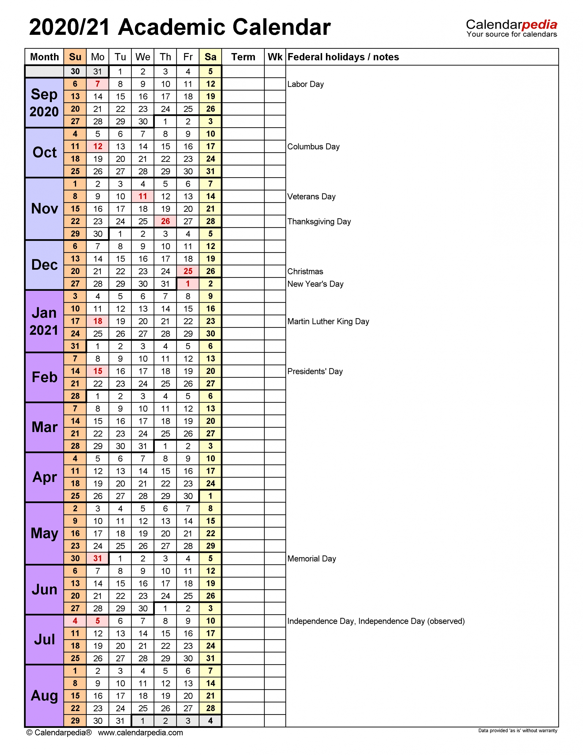 Academic Calendars 2020/2021 - Free Printable Word Templates