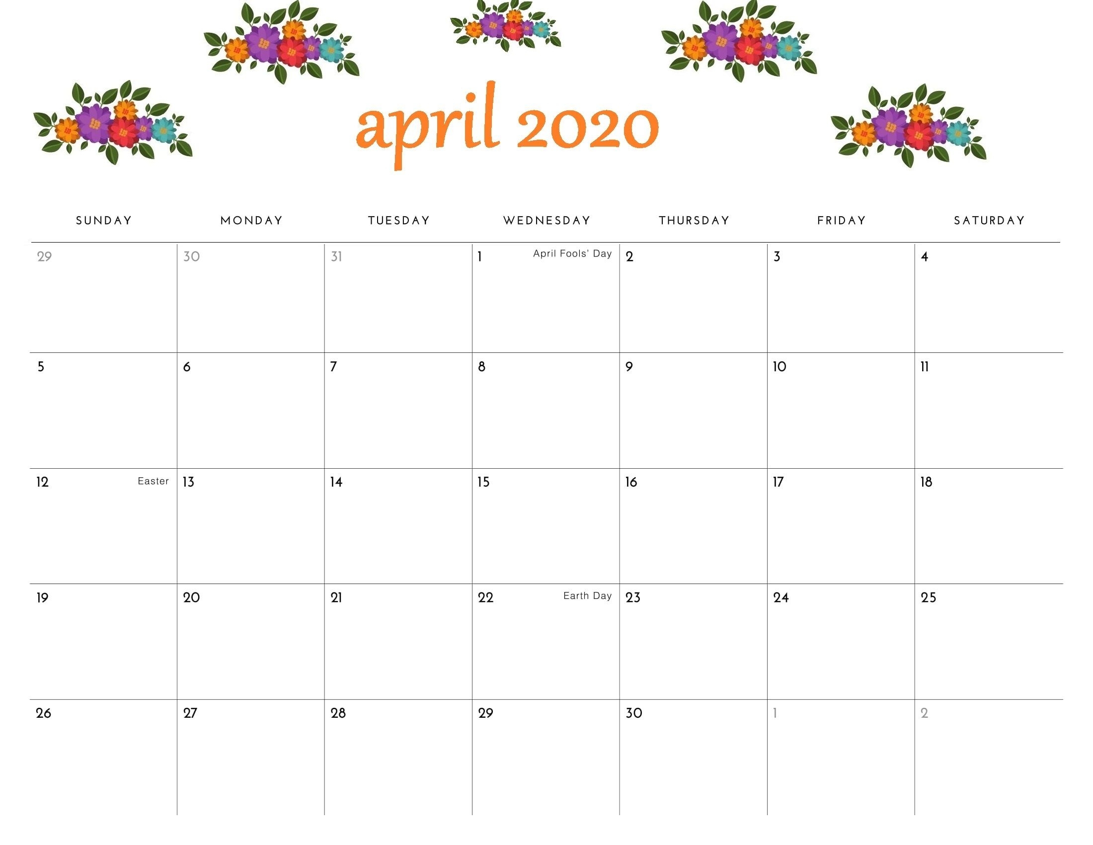 April 2020 Printable Calendar Floral Template In 2020 within Large Box Printable 2020 Calendar