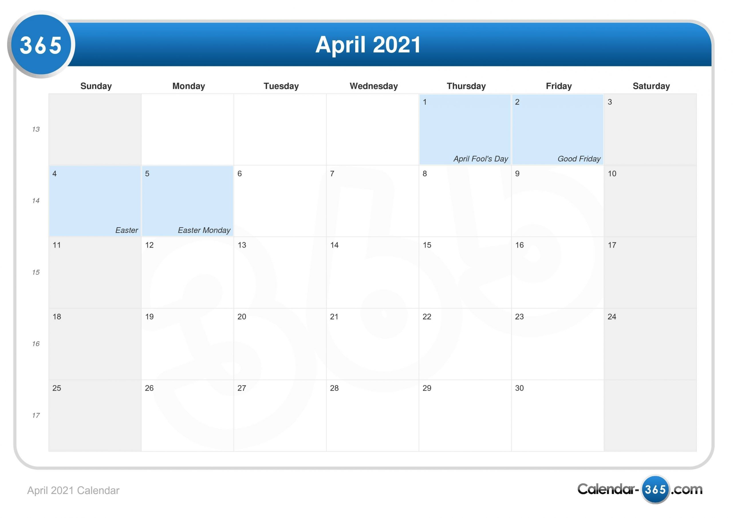 April 2021 Calendar