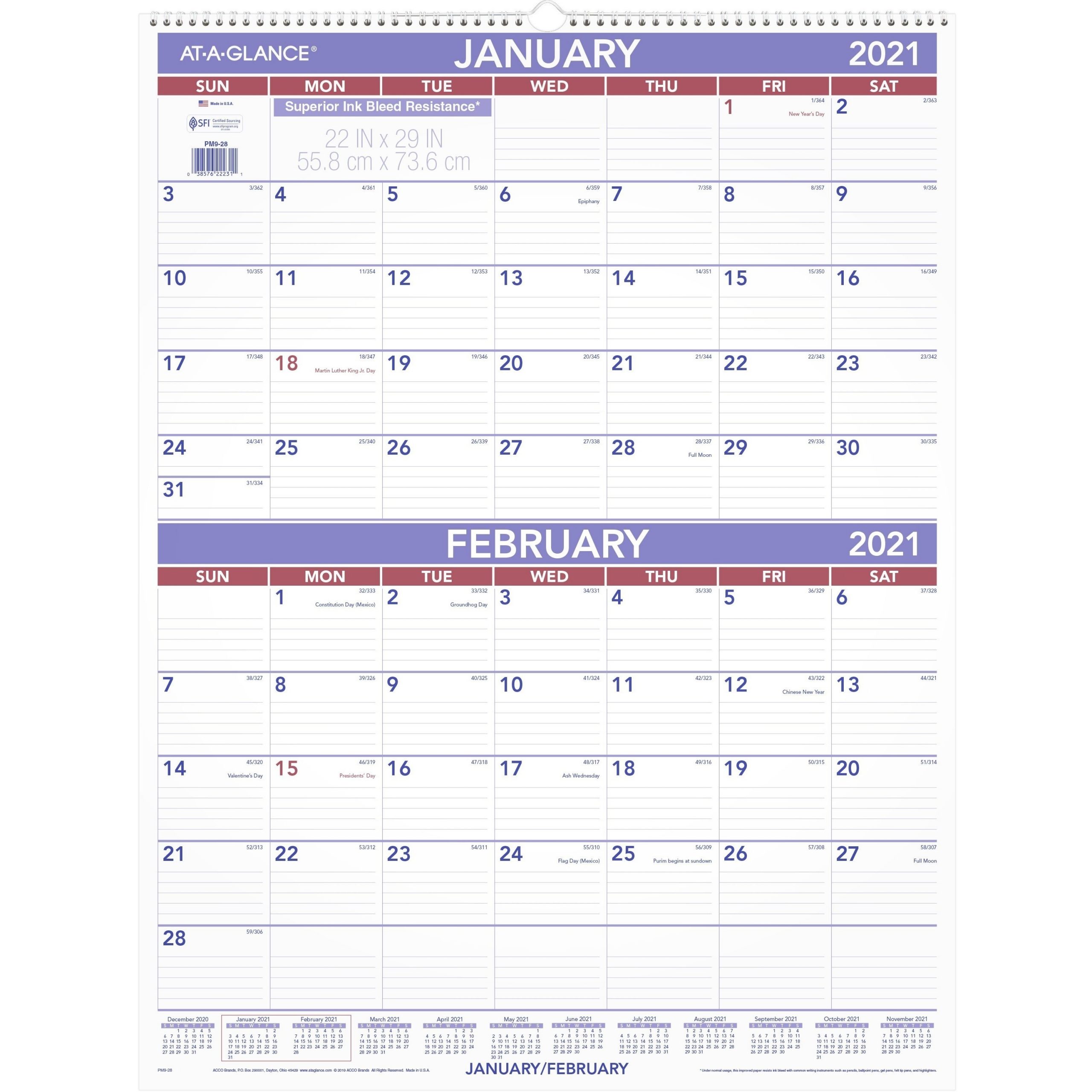 At-A-Glance 2-Month Wall Calendar - Monthly - 1 Year - January 2021 Till  December 2021 - 2 Month Single Page Layout - 29&quot; X 22&quot; Sheet Size - 3&quot;  (76.20