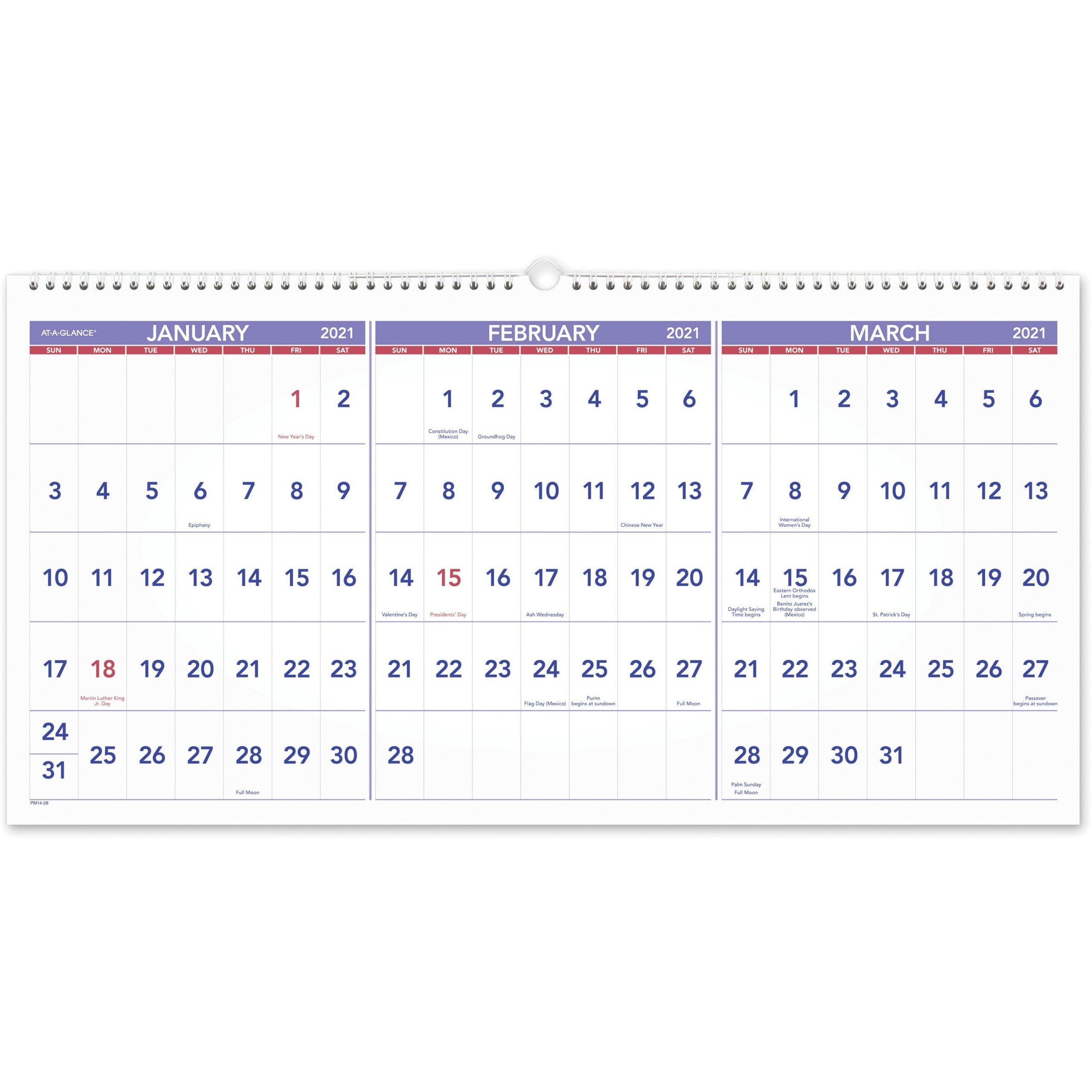 At-A-Glance 3-Month Horizontal Wall Calendar - Julian Dates - Quarterly -  1.2 Year - December 2020 Till February 2022 - 3 Month Single Page Layout -