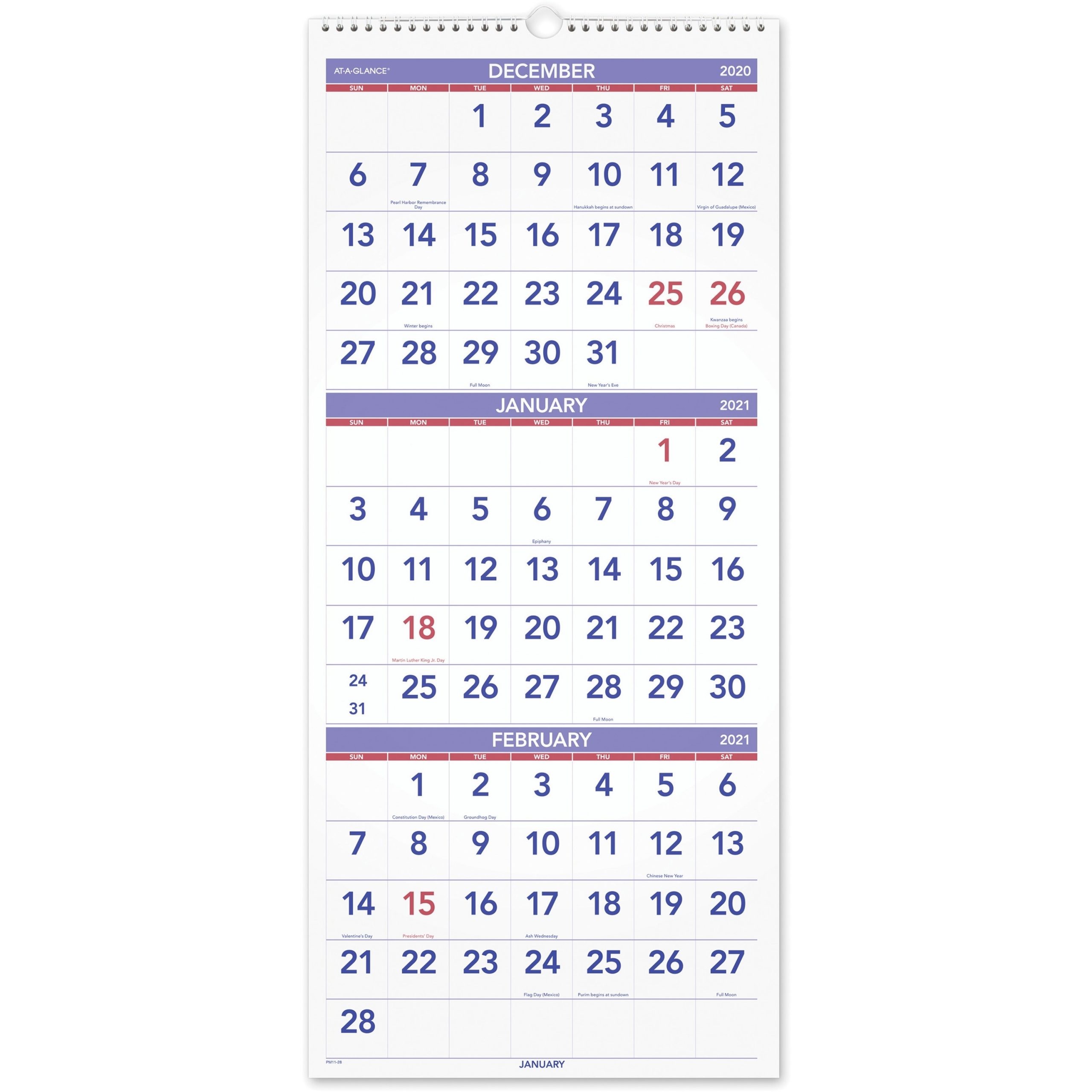 At-A-Glance 3 Month Reference Wall Calendar - Monthly - 1.2 Year - December  2020 Till January 2022 - 3 Month Single Page Layout - 12 1/4&quot; X 27&quot; Sheet