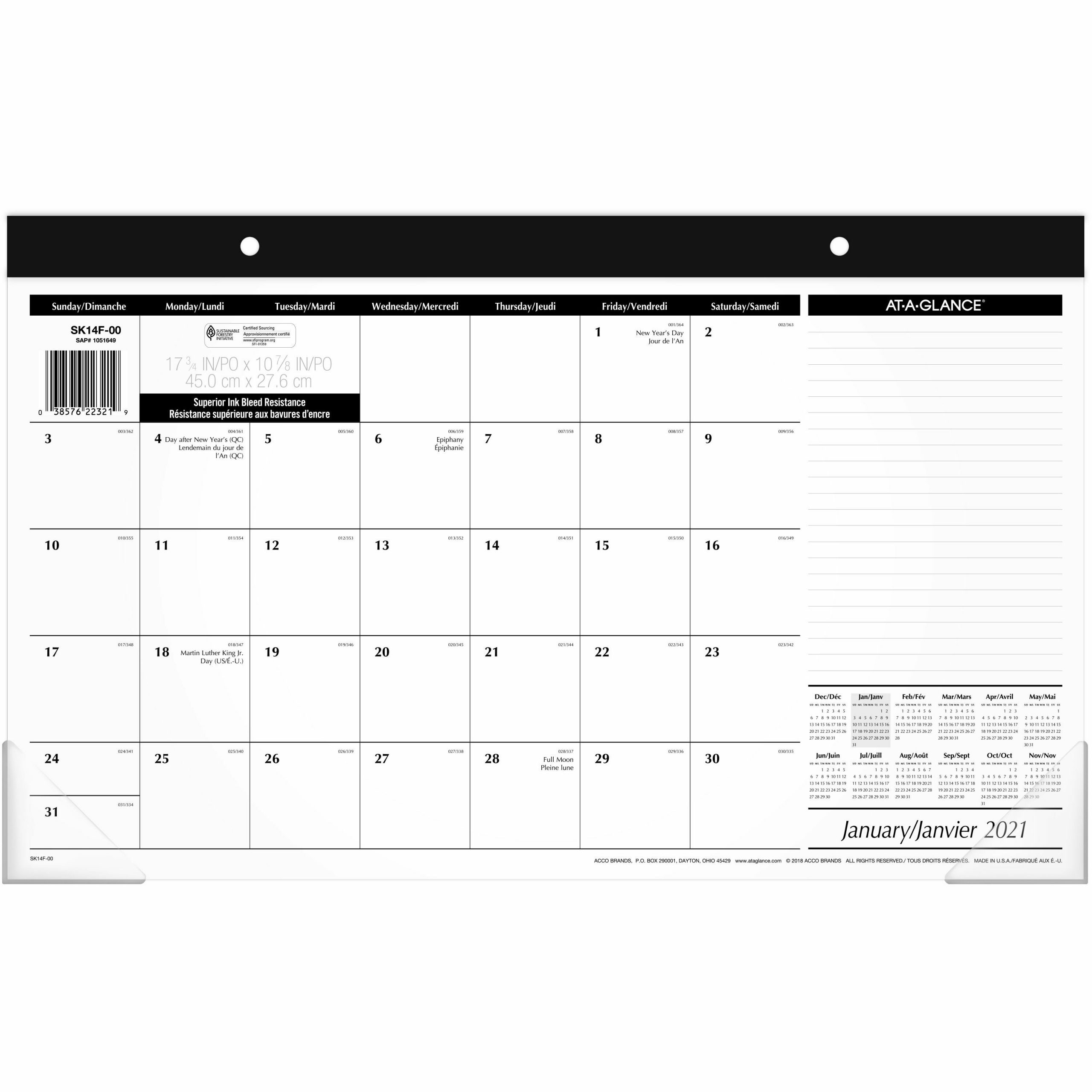 At-A-Glance Monthly Compact Calender - Monthly - 1 Year - January 2021 Till  December 2021 - 1 Month Single Page Layout - 10 3/8&quot; X 17 3/4&quot; Sheet Size