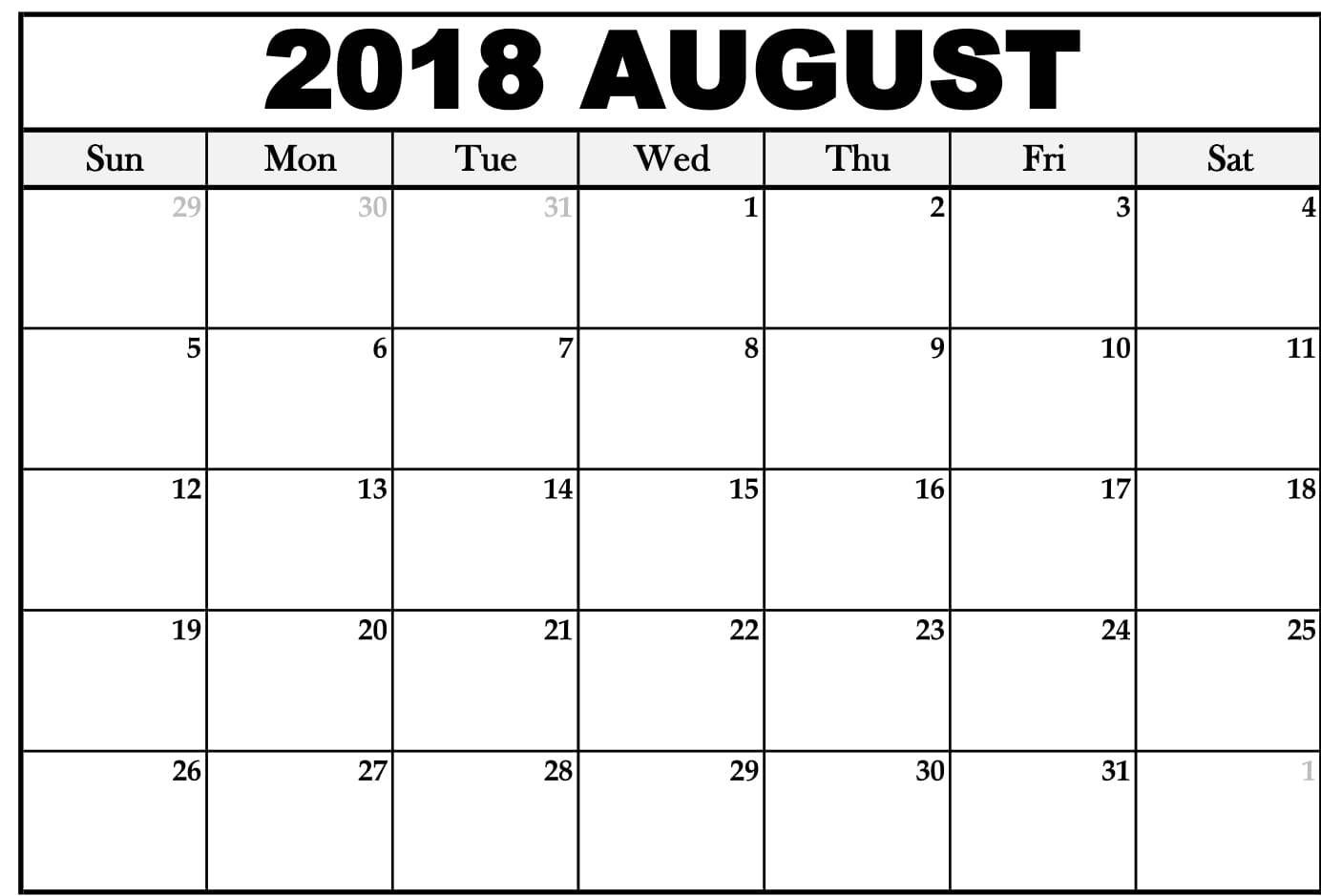 August 2018 Calendar Page Word Excel Pdf Printable Template