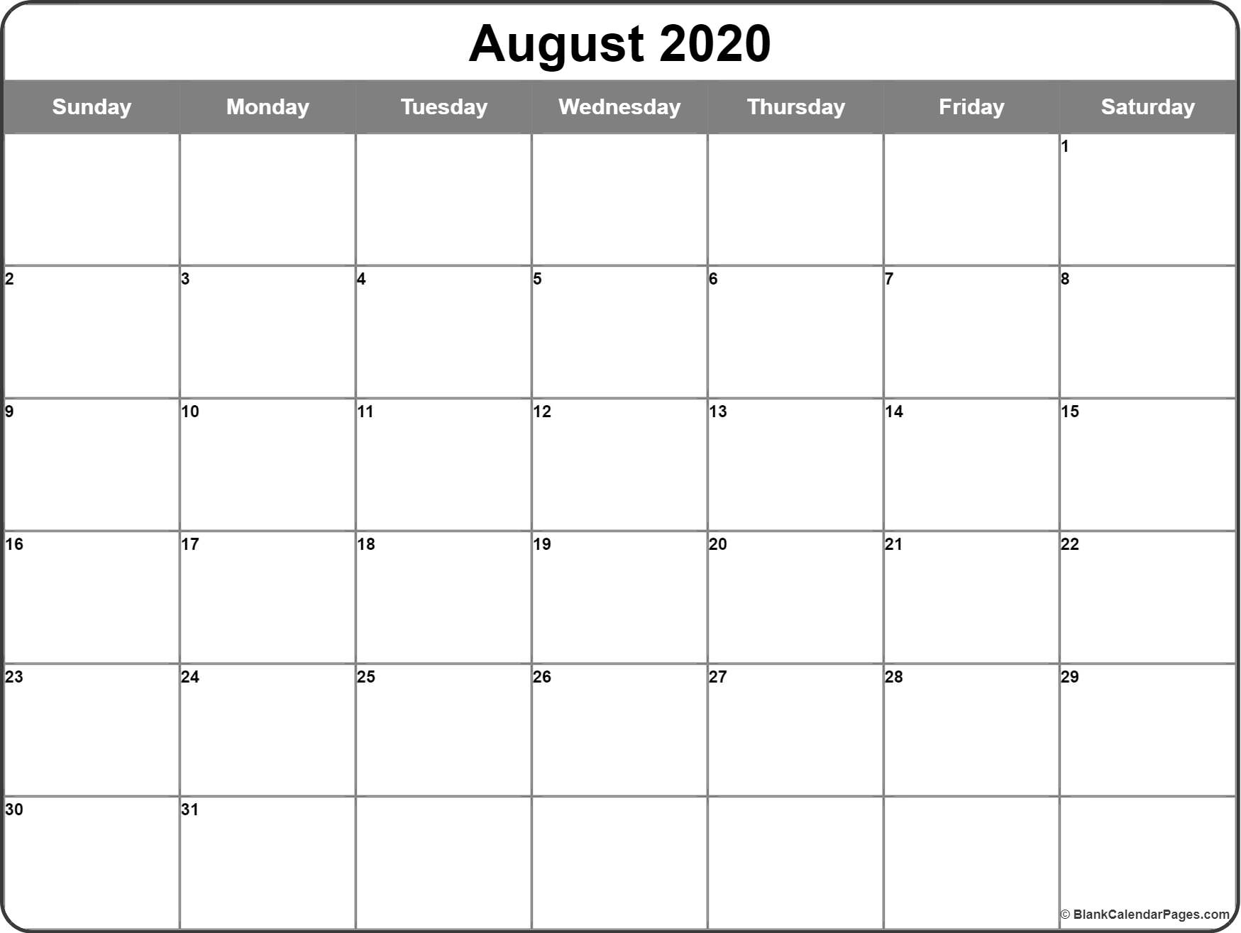 August 2020 Calendar | Free Printable Monthly Calendars pertaining to Printable Calendar Large Box 2020