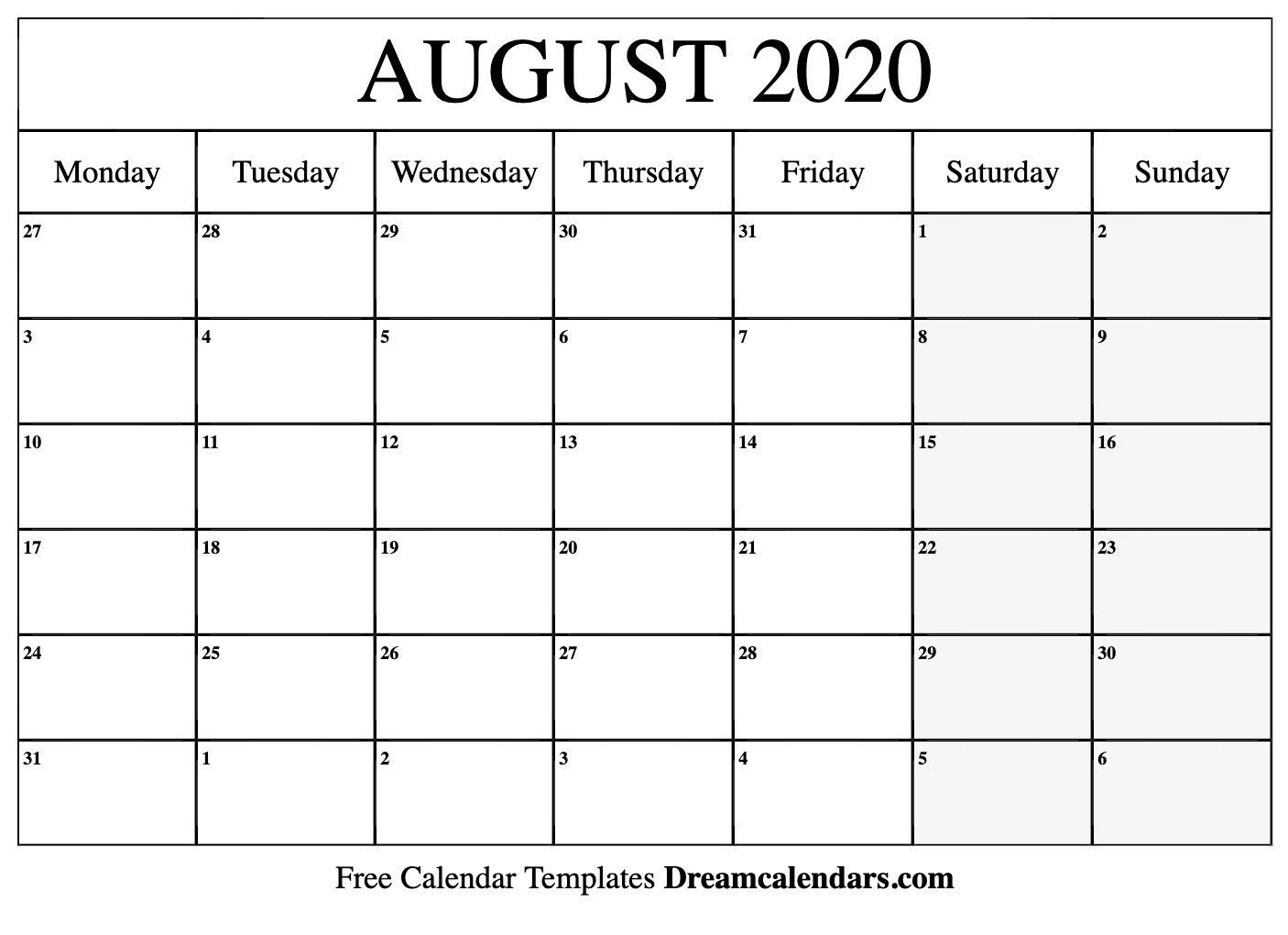 August 2020 Printable Calendar August 2020 Calendar August