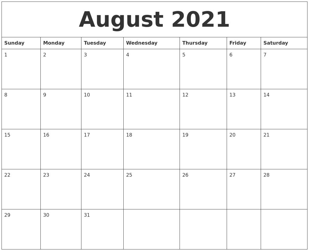 August 2021 Free Printable Calendar Templates