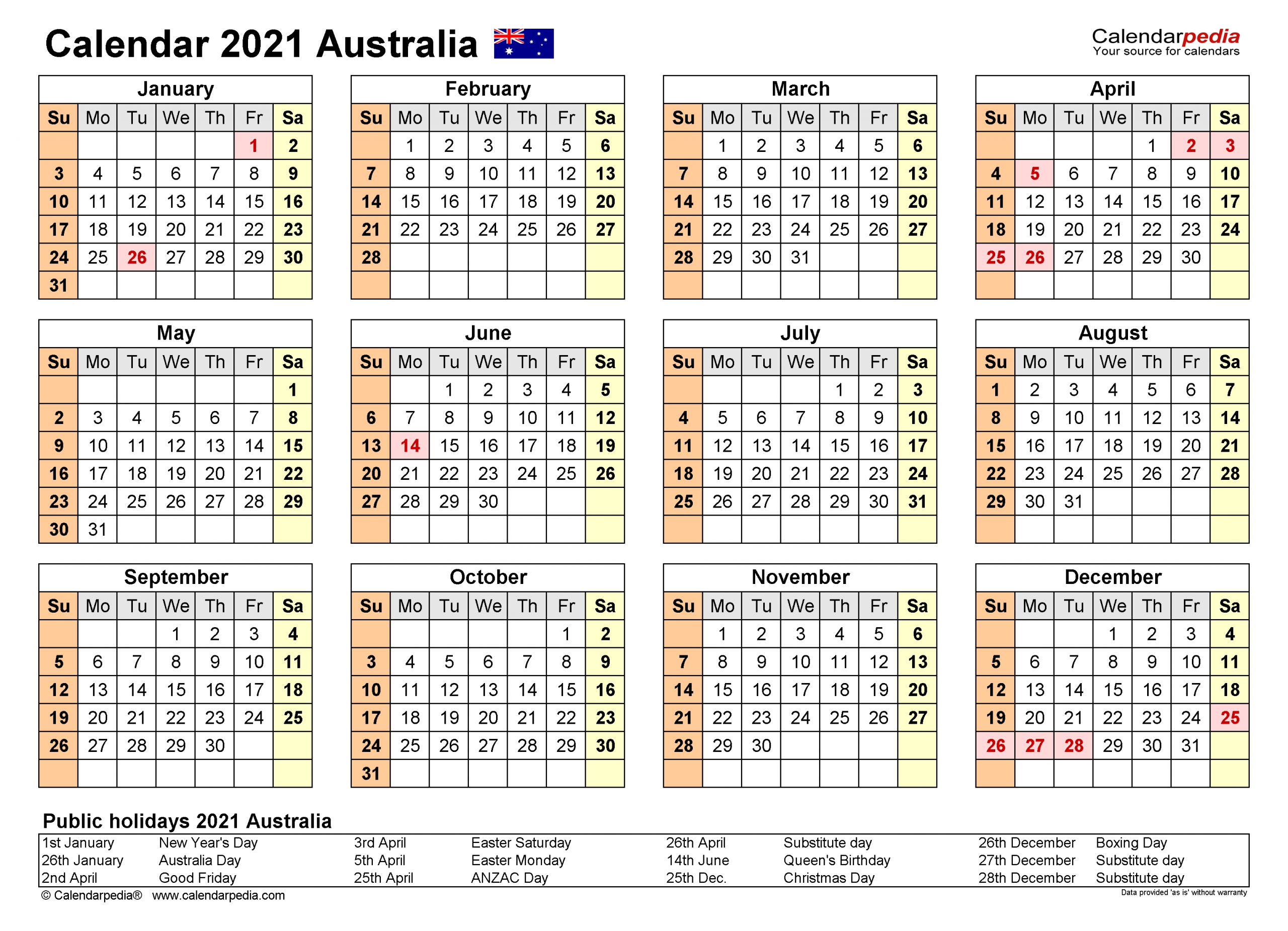 Australia Calendar 2021 - Free Printable Pdf Templates