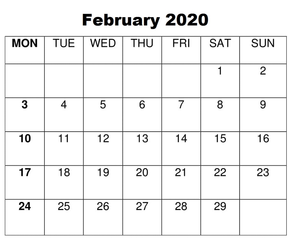 Blank February 2020 Calendar | Calendar Word, Calendar within Large Box Calendar 2020 Printable