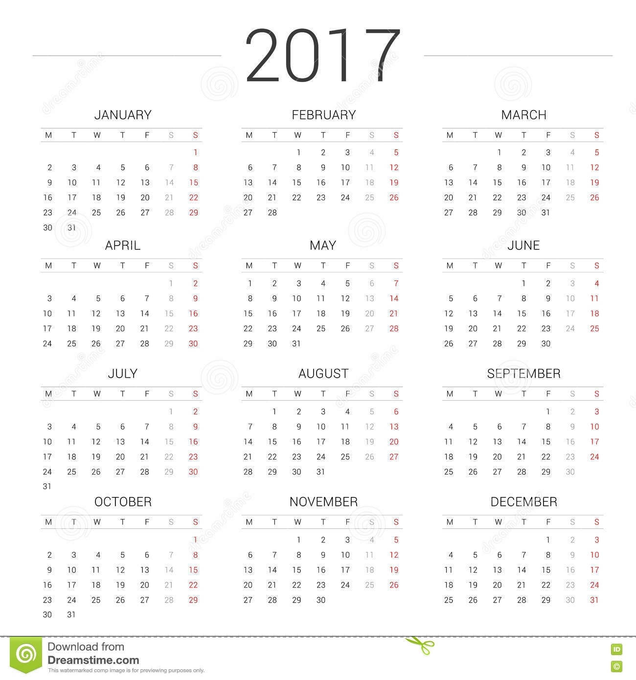 Calendar 2017 Year Simple Style.week Starts Monday Stock in Calendar That Starts On Monday