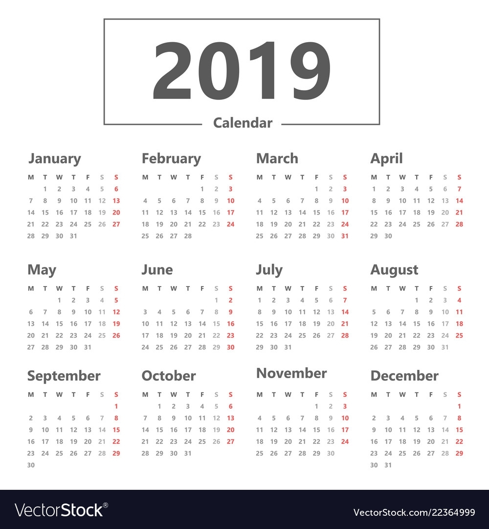 Calendar 2019 Simple Style Week Starts Monday Vector Image