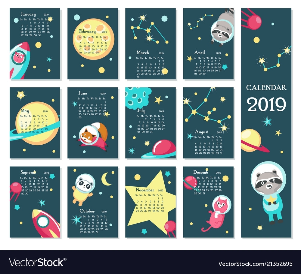 Calendar 2019 Template With Space Animals Vector Image