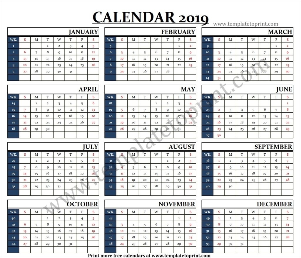 Calendar 2019 Week Wise Archives » Template To Print