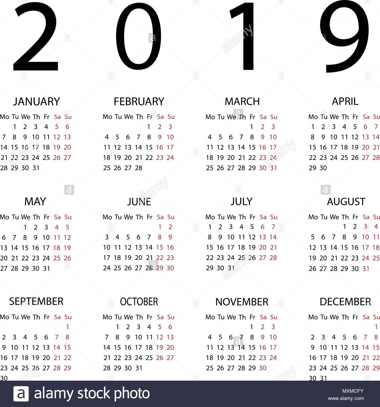 Calendar 2019 Year. Week Starts With Monday Stock Vector pertaining to Calendar That Starts On Monday