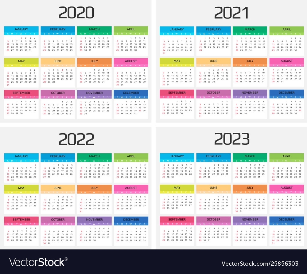 Calendar 2020 2021 2022 2023 Template 12 Vector Image