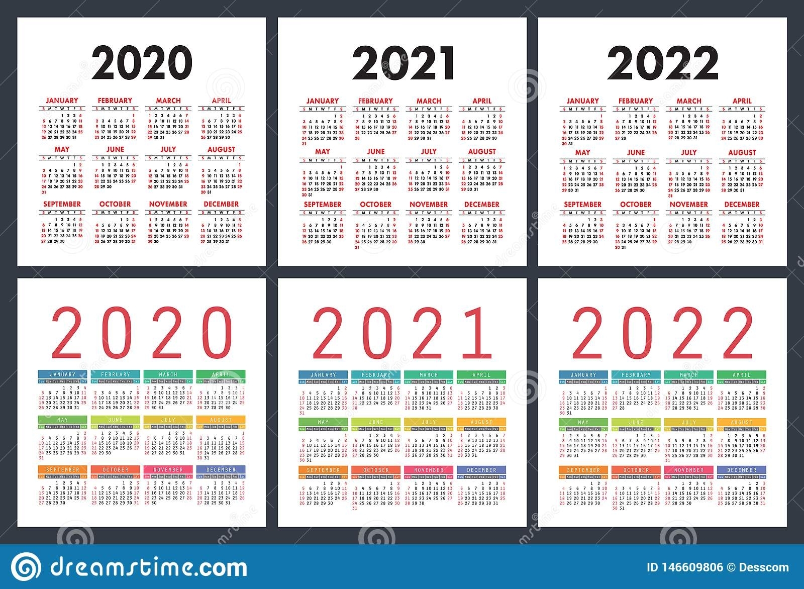 Calendar 2020, 2021, 2022 Years. Colorful Set. Pocket