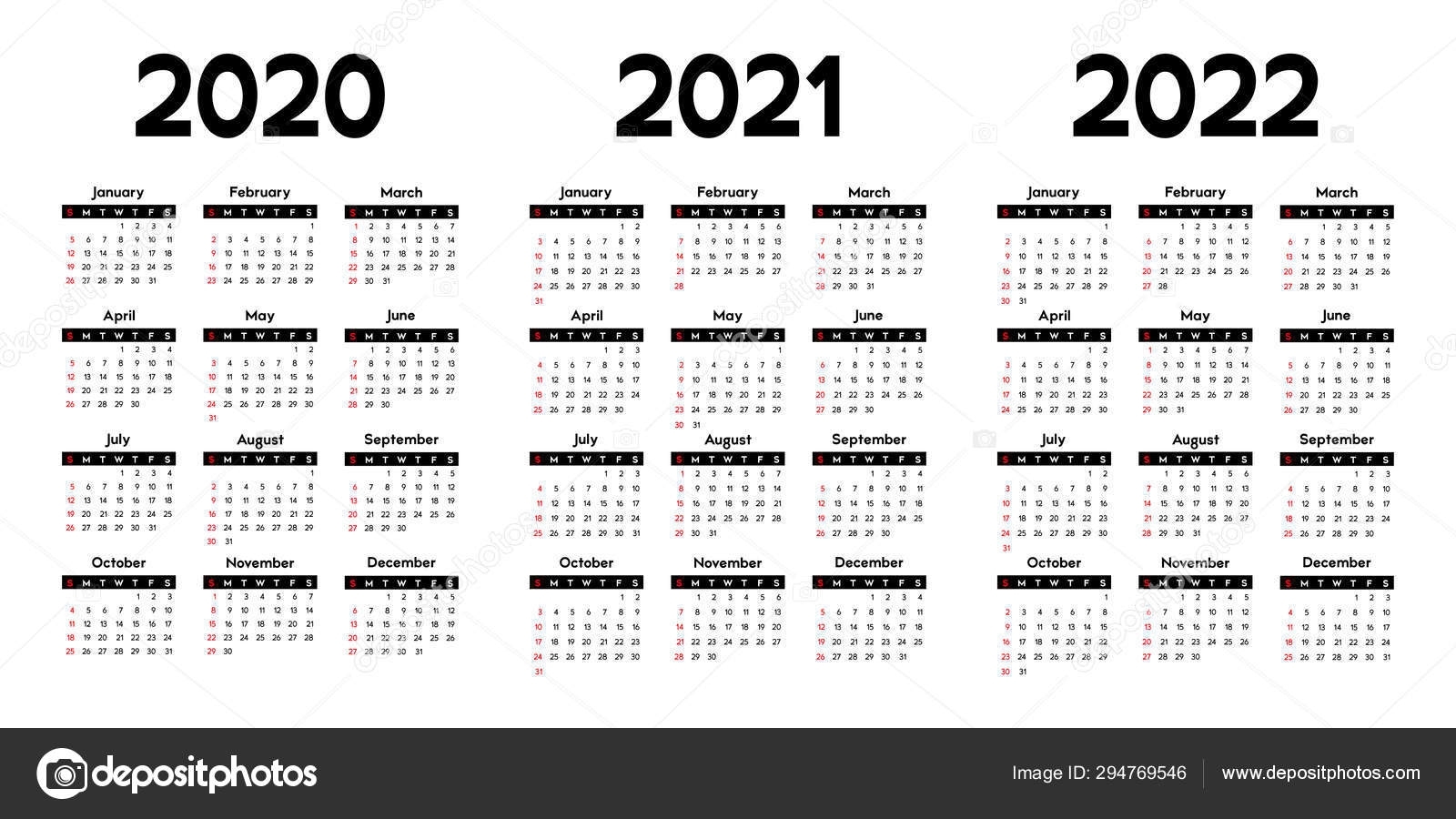 Calendar 2020, 2021 And 2022, Week Starts On Sunday, Basic Business  Template. Vector Illustration 294769546 with regard to Printable Calendar 2020 2021 2022