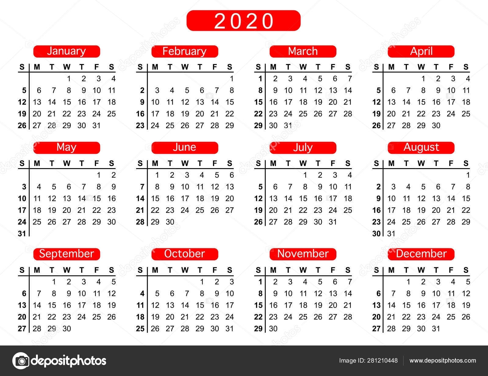 Calendar 2020, Week Starts On Sunday, Basic Business Template. Vector  Illustration 281210448 intended for Calendar For 2020 Week Wise