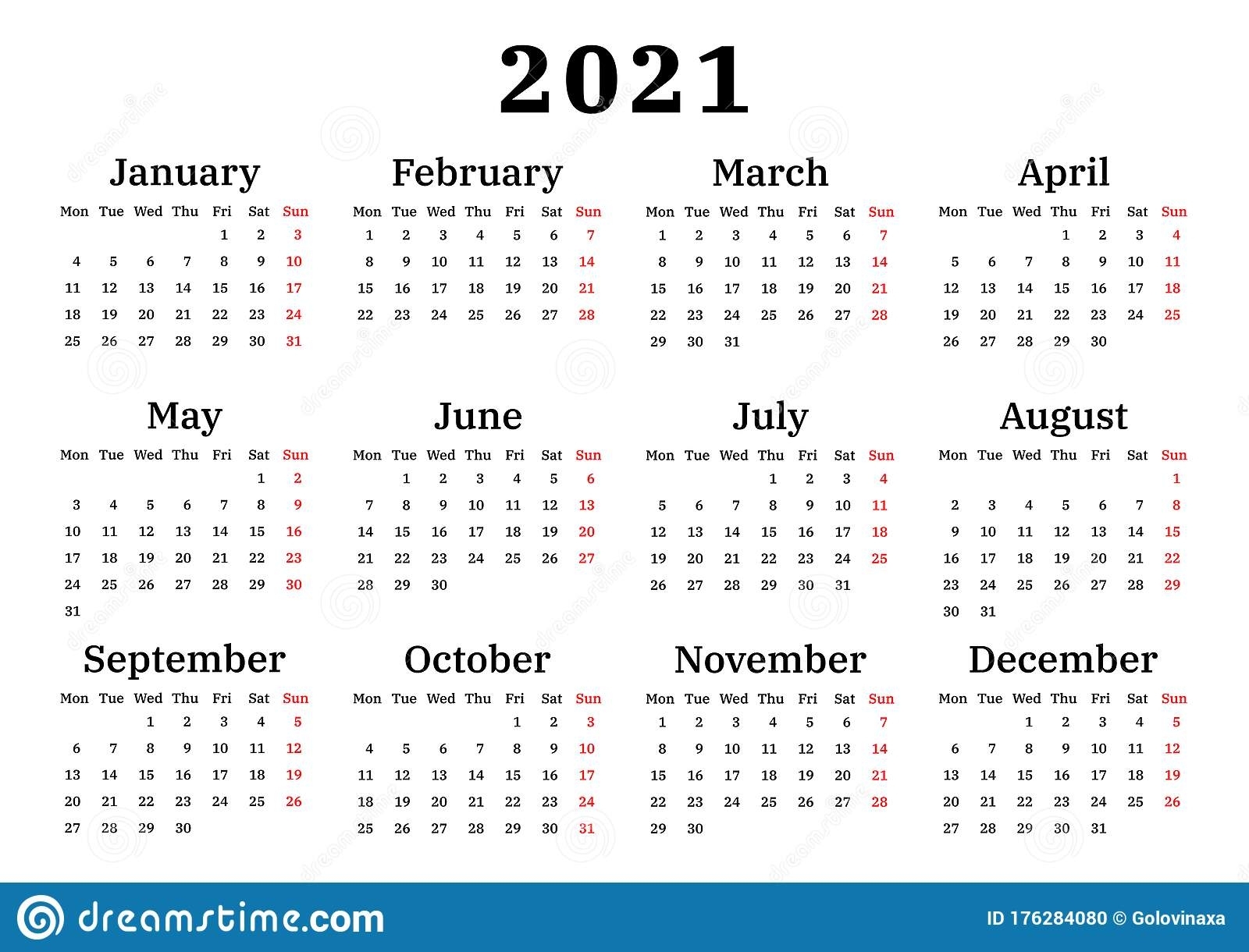 Calendar 2021, Week Starts On Monday Stock Vector